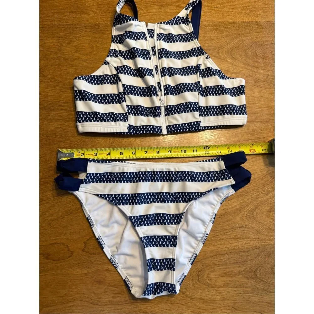 Venus Kids High Neck Zip Front Sailboat Stripe Bikini Set Navy White Size 12